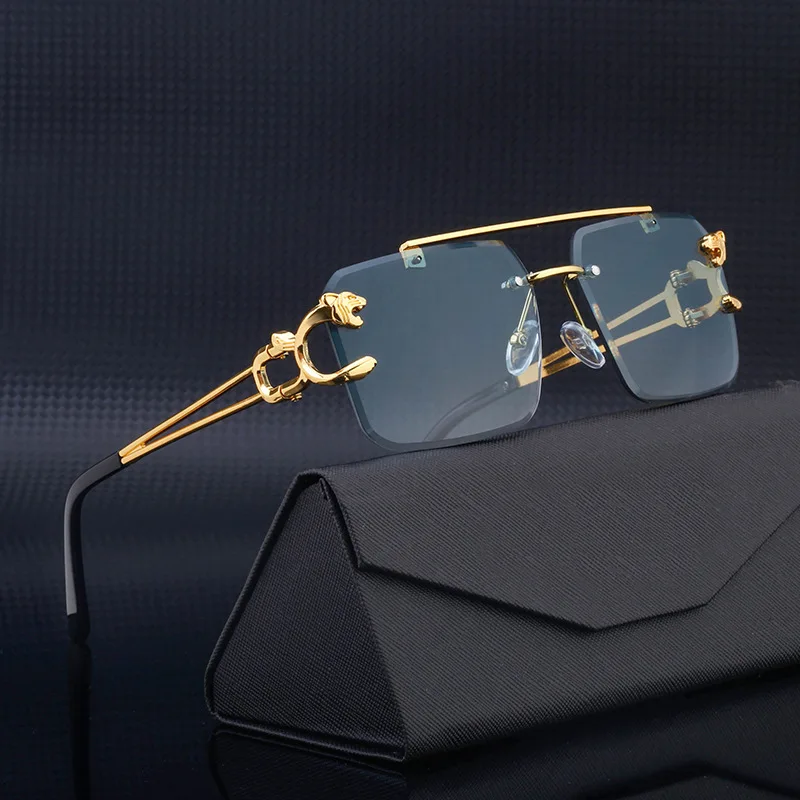 Driving Glasses Anti Glare Sunglasses Fashion Metal Leopard Rimless Sunglasses Double Bridges Gradient Ocean Film Shades UV400Lenses Car sunglasses 90168