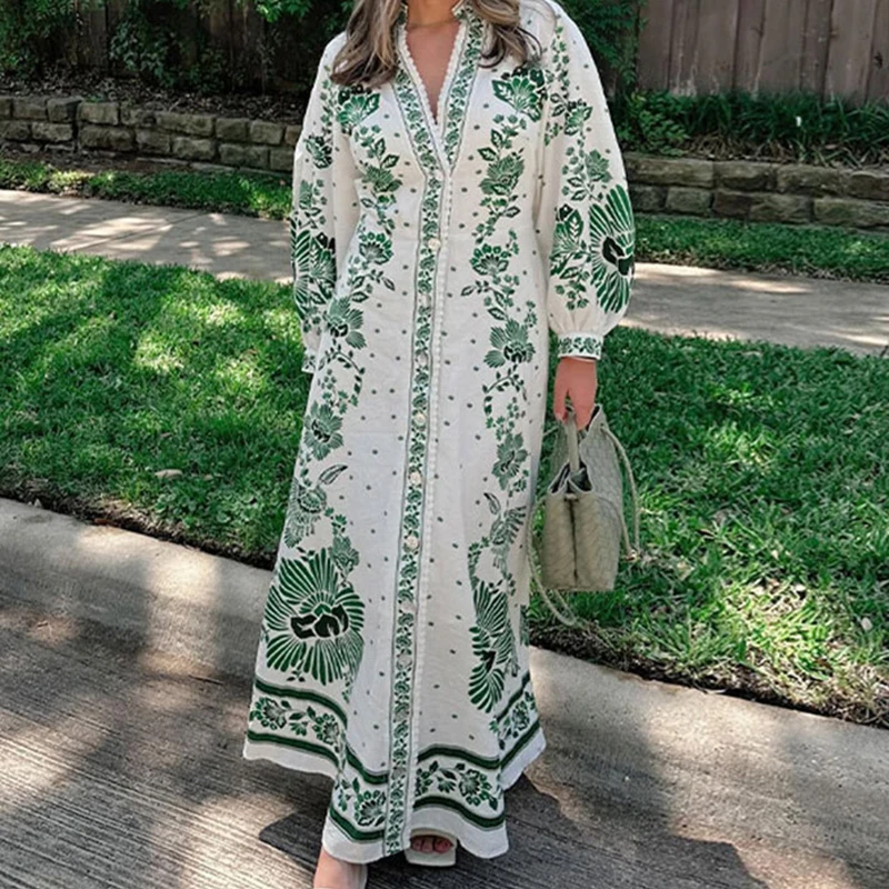 

Длинное платье в богемном стиле с цветочным принтом, женское летнее однобортное платье с V-образным вырезом, новое весеннее праздничное платье макси с длинным рукавом