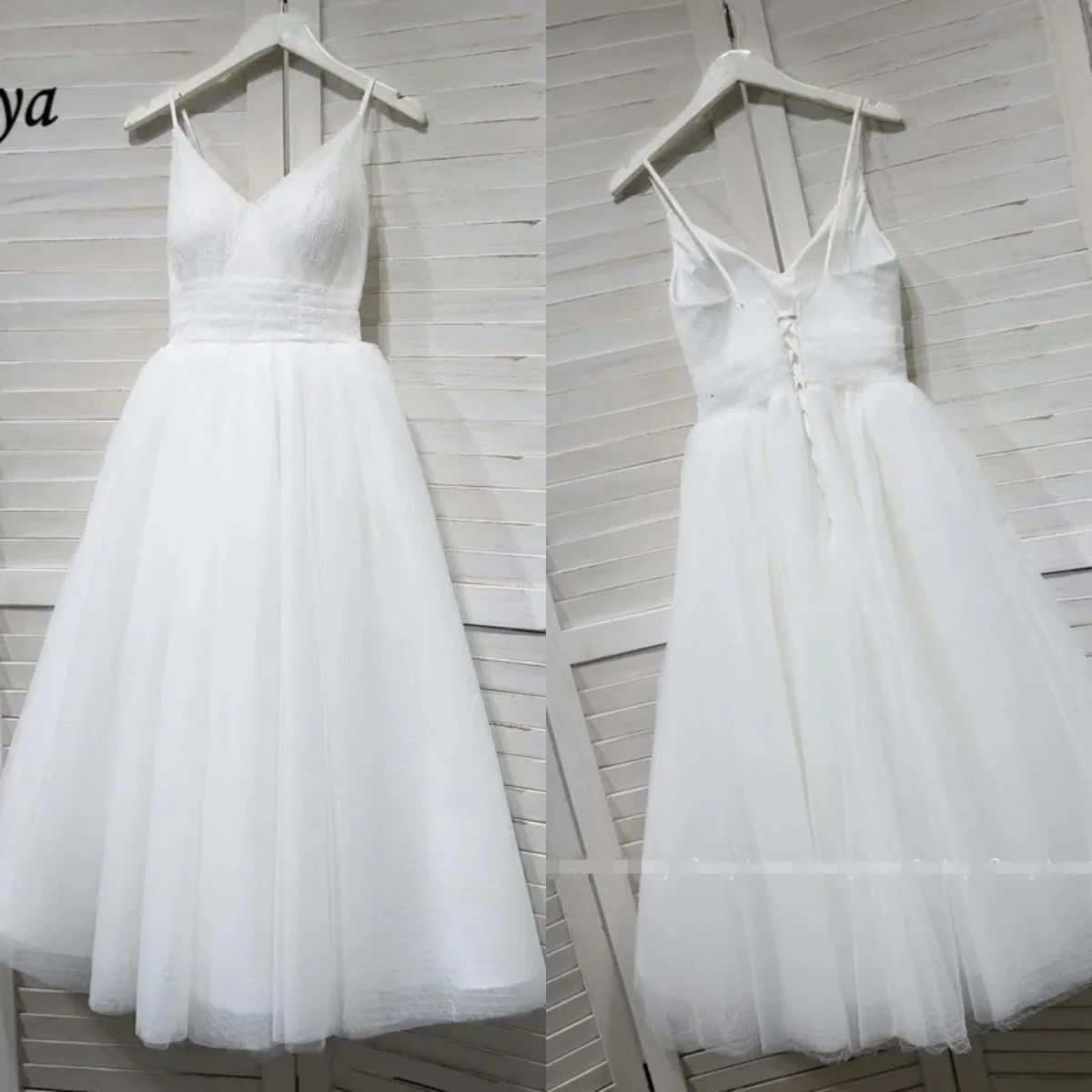 

Evening Dress White Lace Tulle Spaghetti Straps Lace Up A-line Ankle Length Plus size Customized Simple Women Party Formal Gown