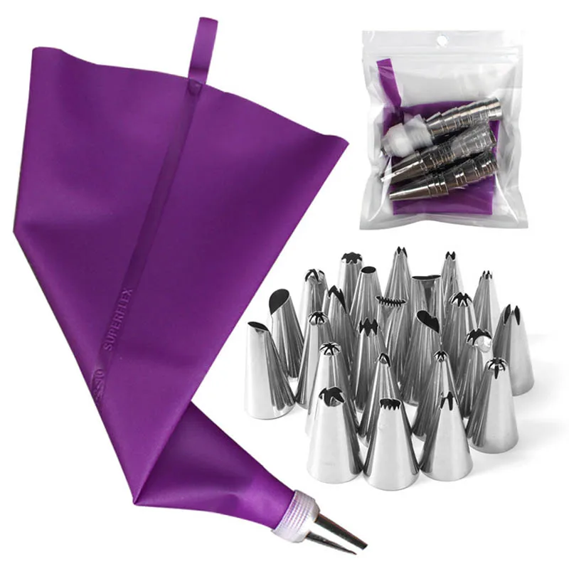 Description Picture 4 of item8/14/26/50Pcs Cake Decorating Tool Set Purple Silicone Pastry Bags Stainless Steel Cream Icing Piping Nozzle Tip Cupcake Tools
