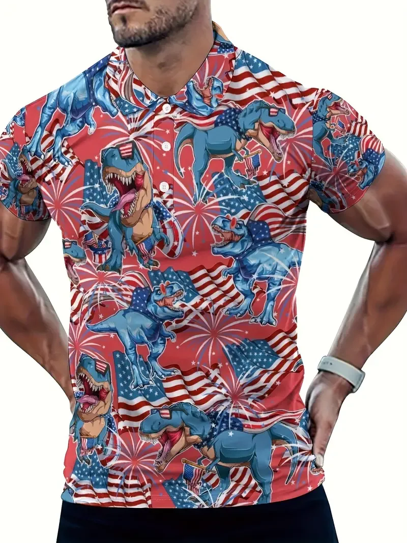 

Men's Golf T-Shirt - Vibrant dinosaur and American flag graphic print design, fashionable and trendy style, comfortable short-sl