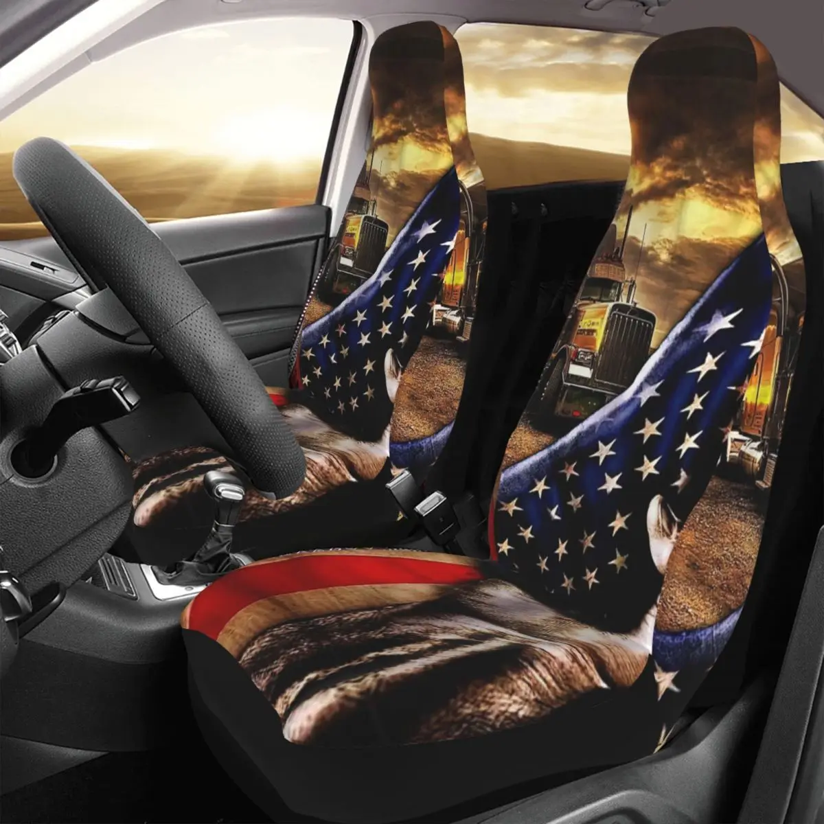 

American Flag And Car Car Seat Cover Custom Printing Universal Front Protector Accessories Cushion Set