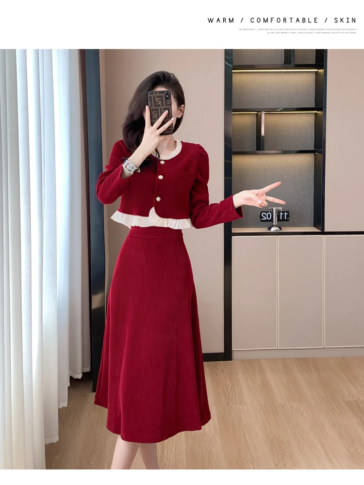 Autumn Winter Corduroy Two-piece Skirt Set Women Long Sleeve Ruffles O-neck Top Solid Midi Skirt Korean Fashion Outfits New