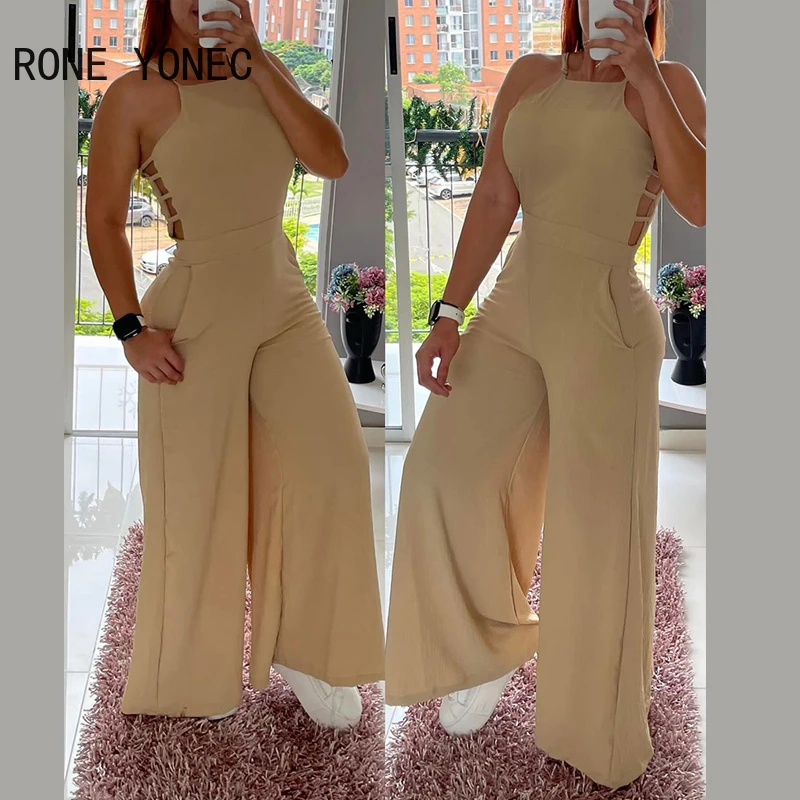 

2023 Women Elegant Solid Sleeveless Spaghetti Straps Formal Wide Leg Jumpsuit