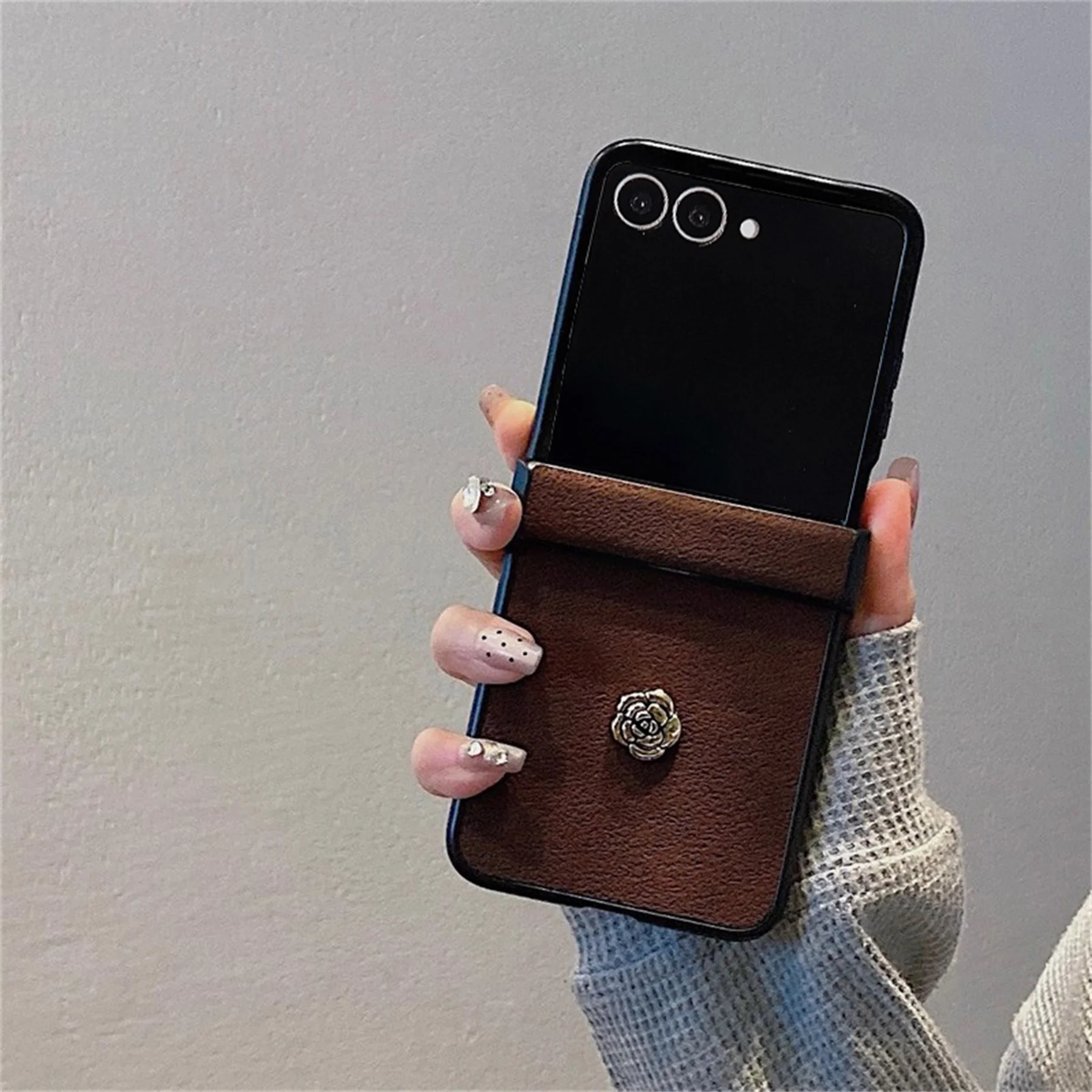 Luxury Brown 3D Camellia Phone Case with Strap – Elegant Back Cover