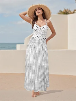 Women's Summer Long Cami Dress Sleeveless Open Back Halter Neck Dot Print Beach Dress 5