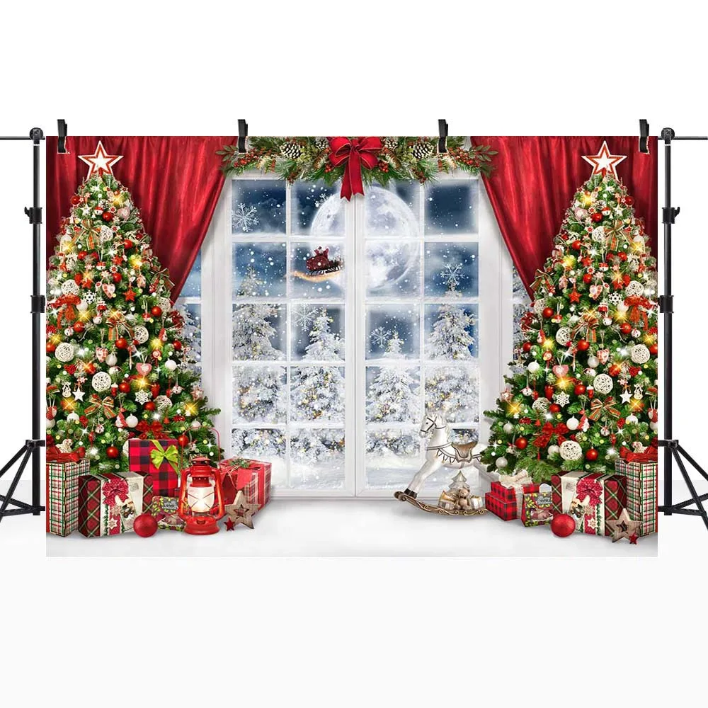 Mocsicka Natal Backdrops para Fotografia Natal Árvore Janela Neve Lua Cheia Foto Fundos Criança Retrato Atirar Estúdio Adereços - Image 4