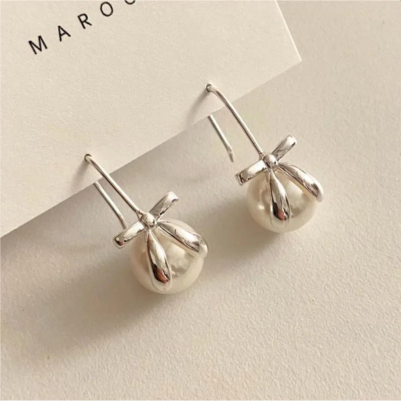 100% 925 Sterling Silver Pearl Geometric Studs Earrings for Women Girl Simple Bowknot Design Jewelry Party Gift Dropshipping