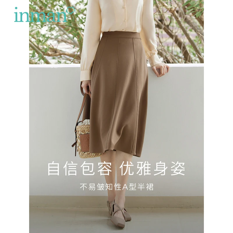 INMAN Women Skirt 2023 Spring Elastic Waist A-shaped Loose Side Pockets Green Coffee Elegant Office Mid-length Skirt