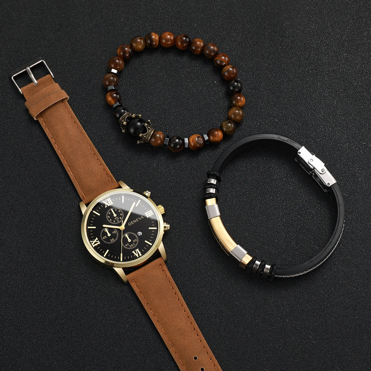 3PCs/Set Fashion Men's Watch Luxury Leather Band Quartz Watch with Tiger Eye Buddha Bead Titanium Steel Bracelet Set(No Box)