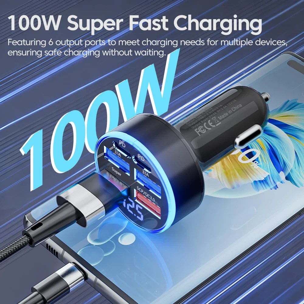 High-Powered 100W USB Car Charger with Fast Charging and Type C - 6-Port Adapter