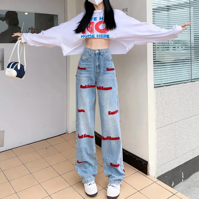 Embroidery Jeans for Women Loose Wide Leg Straight High Waist Trousers Spring Clothing