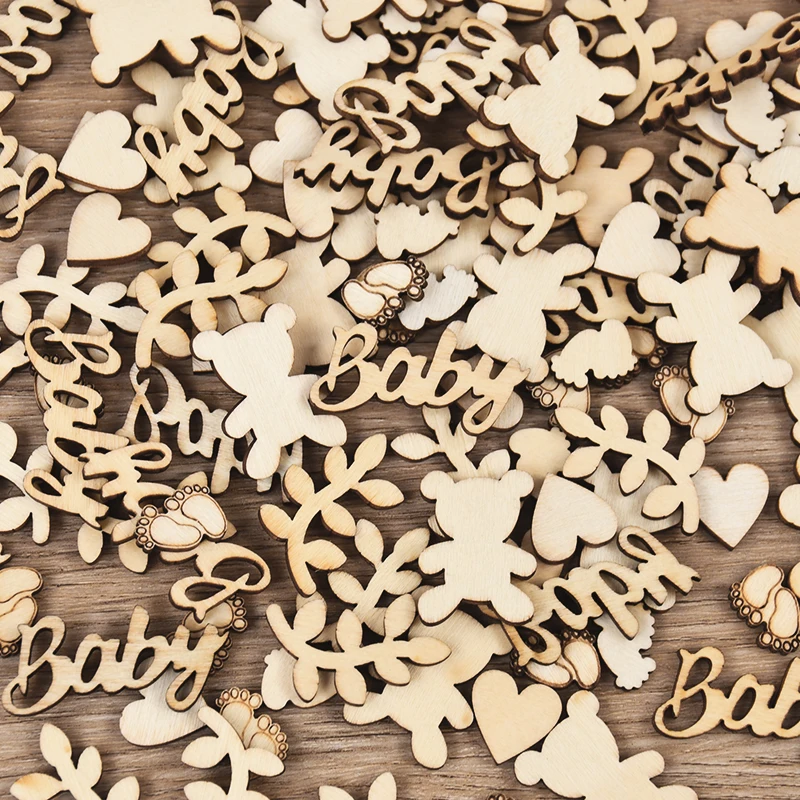 Mixed Baby Bear Heart Leaf Wood Confetti Kids Boy Girl Birthday Party Table Scatter Baby Shower DIY Decorations Supplies 100Pcs