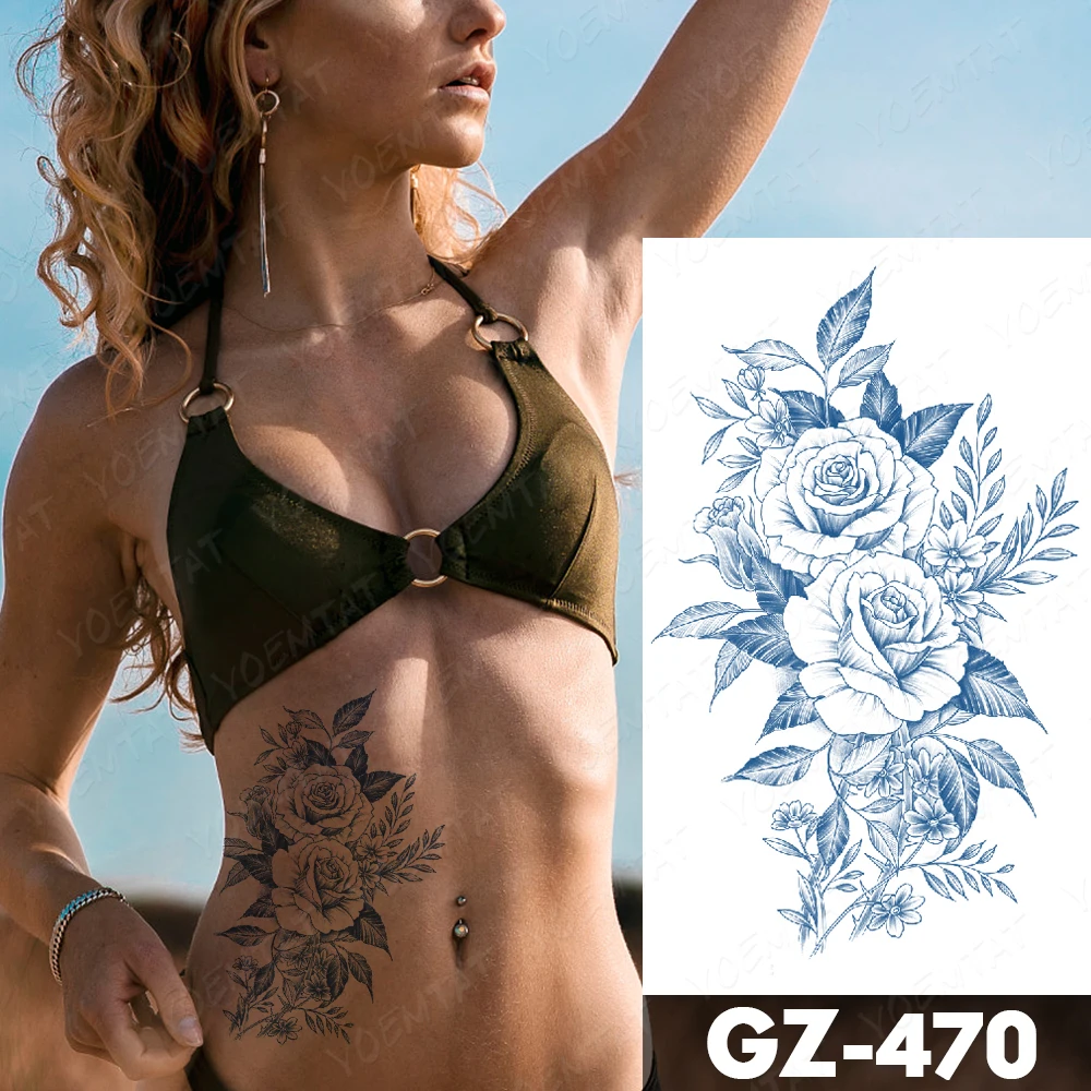 Sexy Flowers Ink Tattoos Peony Rose Line Semi-Permanent Herbal Waterproof Temporary Tattoo Sticker Women Men Body Art Fake Tatto