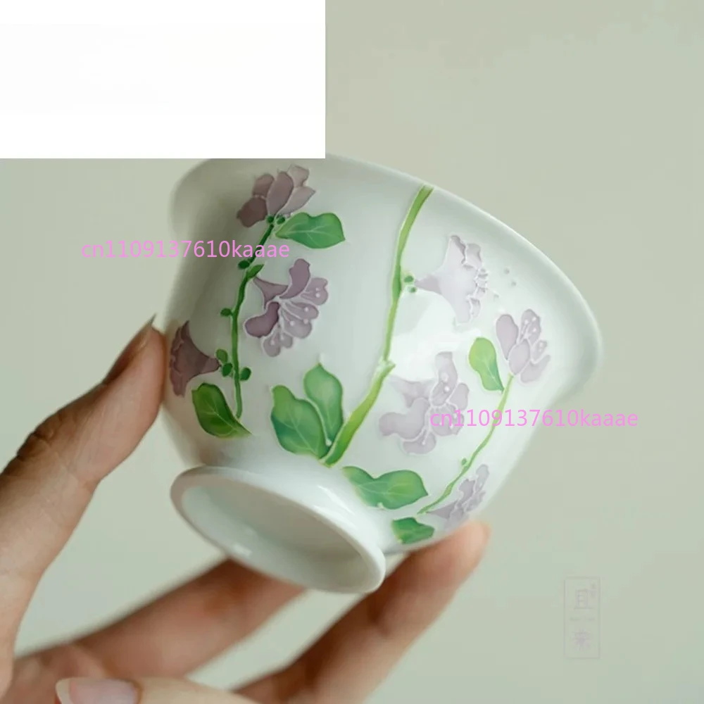 100ml 손으로 그린 ??벨 오키드 가이완 화이트 도자기 수제 커버 그릇 빈티지 차 티루린 차기구 공예 선물