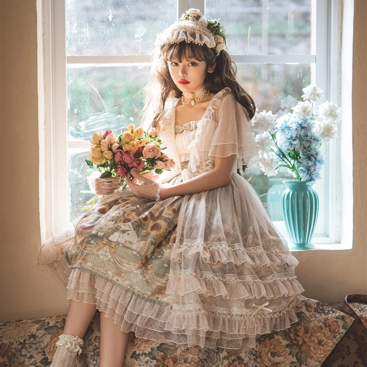 

Japanese Sweet Kawaii Jsk Lolita Dress Women Vintage Victorian Sunflower Story Jsk Cartoon Summer Bow Fresh Tea Party Dresses