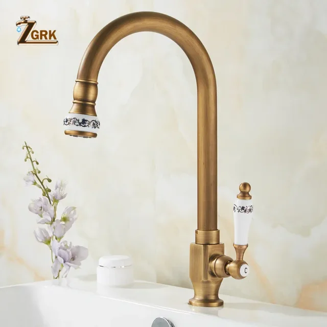 ZGRKเย็นก๊อกน้ำห้องครัวAntique Bronzeสำเร็จรูป 360 องศาSINGLE Hole Water TAP Cooper KITCHEN TAP 3