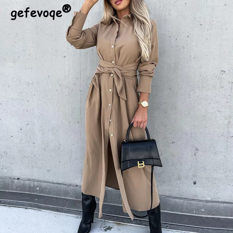 

Elegant Fashion Lace Up Office Lady Commute Dresses Sexy Split Solid Long Sleeve Single Breasted Shirt Midi Dress Robe Clothing