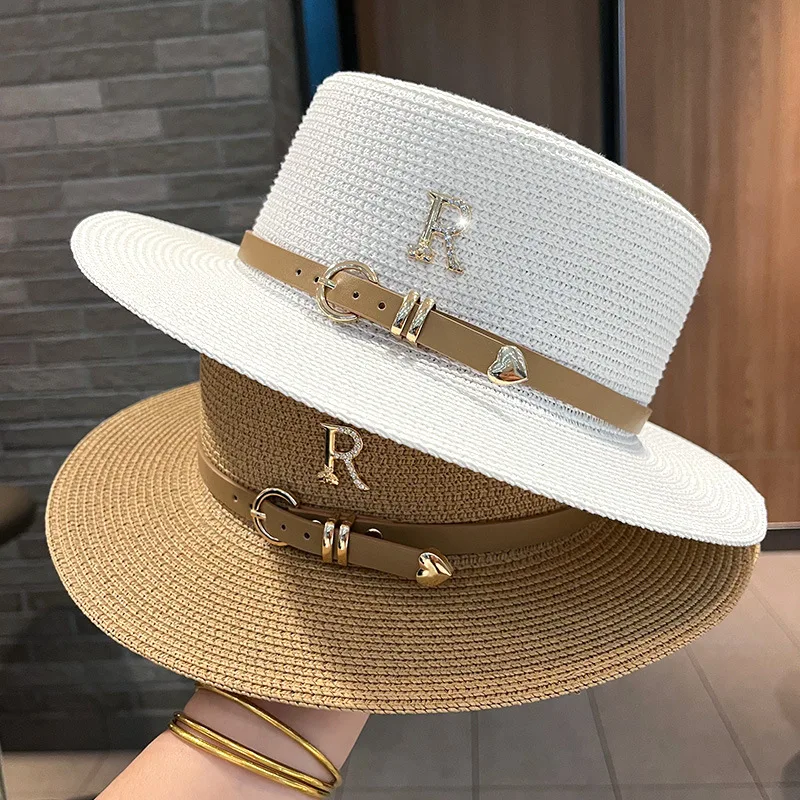 Summer Flat Top Straw Hats for Women New Metal R Letter Fashionable Beach Sun Hat Females Elegant Holidays Boater Hat 2