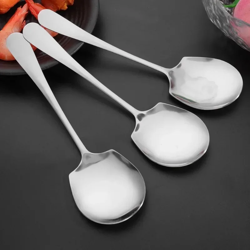 2/1Pcs Large Stainless Steel Spoon Long Handle Spoons Kitchen Cutlery Rice Dumpling Porridge Soup Scoops Restaurant Tableware
