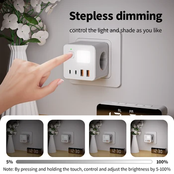 1 EU power strip, 3 AC sockets & 2 USB ports & 2 Type-C ports & with a 3-color small night light. 1