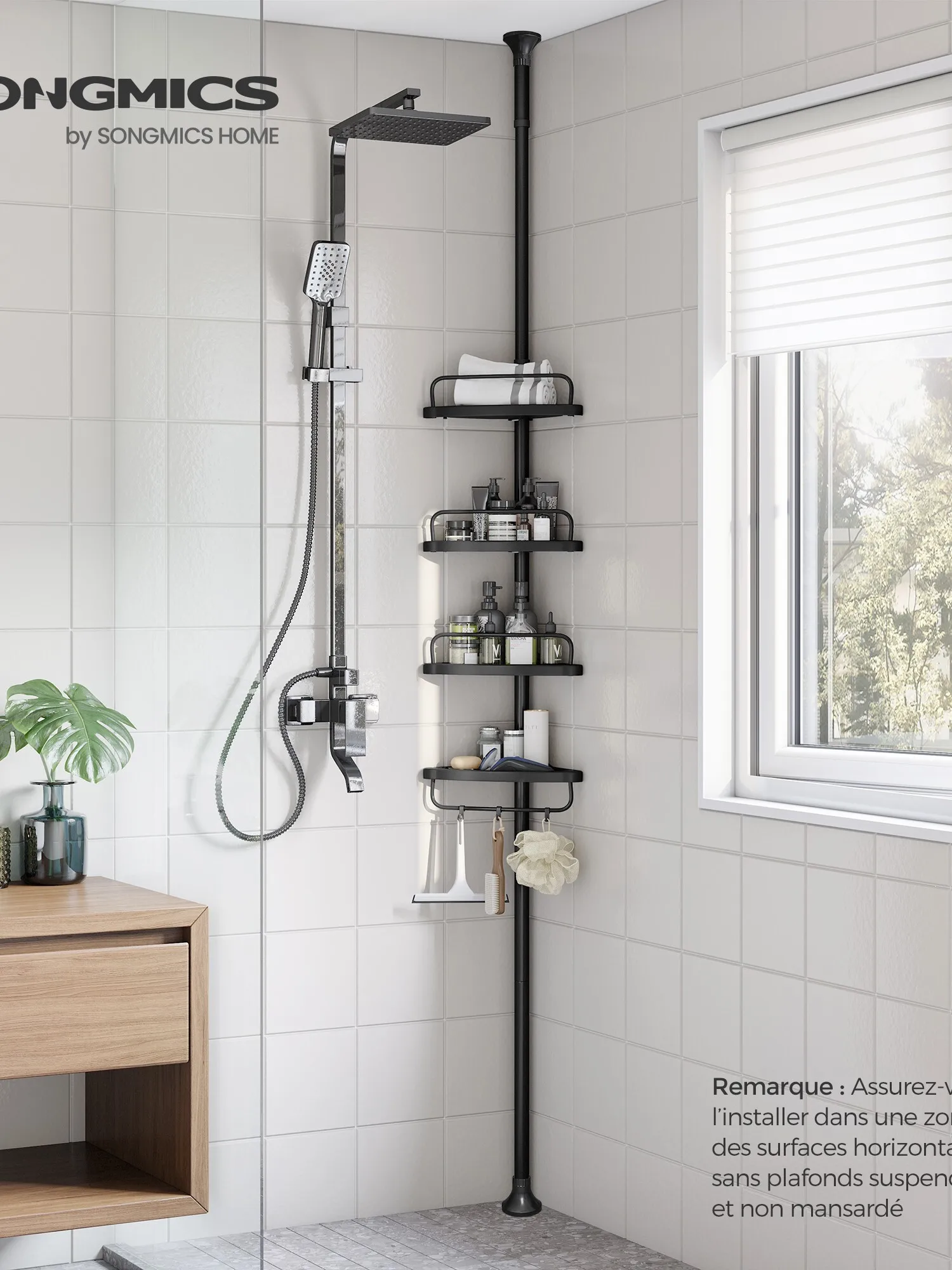 SONGMICS Étagère de Douche Réglable en Hauteur, 4 Niveaux, Étagère d'angle Télescopique, Hauteur 85 à 305 cm, Rangement de Salle de Bain