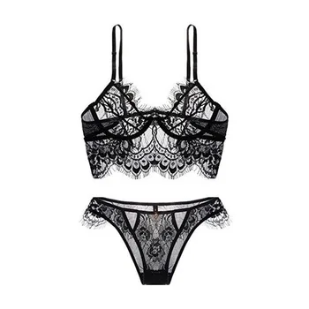 Set di biancheria intima Sexy in pizzo ciglia vuote Lingerie reggiseno trasparente e mutandine bianco nero Backless body donna 2 pezzi