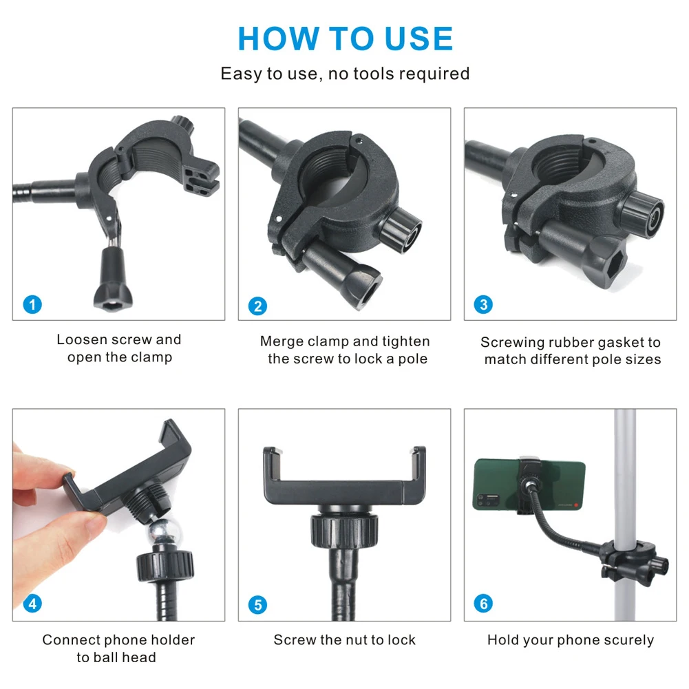 Mic Stand Phone Holder Hands-Free Flexible Phone Support Multi-Purpose Long Cellphone Mount for Microphones Stand/Smartphones