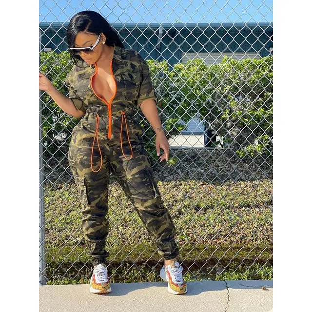 Camo Casual Jumpsuit Sexy Women Turn Down Collar Elegant