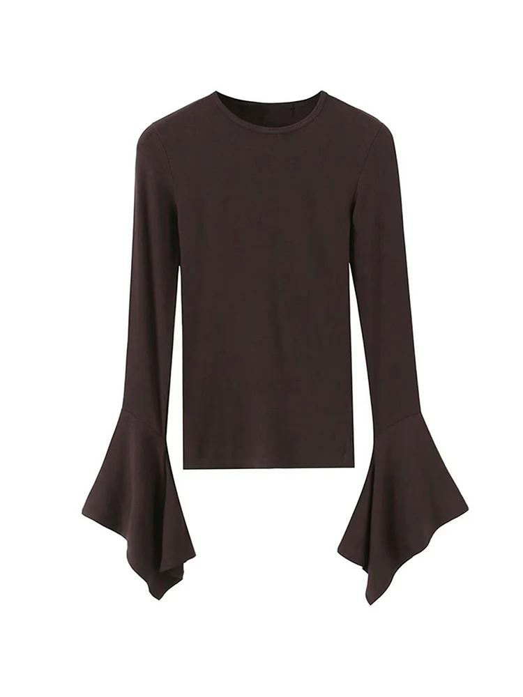 Spring New Long sleeve T shirt For Women Simple Casual Fitted Basic Tee Shirt Fashion Solid Color Autumn Tierred Decor Slim Tee