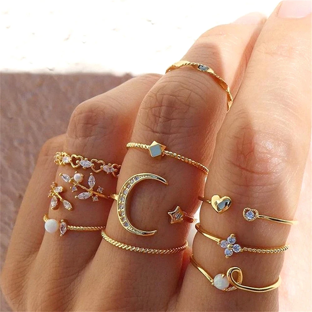 LATS Conjunto de anillos de cadena bohemios de Color dorado para mujer, moda moneda, serpiente, luna, estrella, anillos de fiesta, joyería de tendencia femenina, regalos 2022|Anillos| - AliExpress