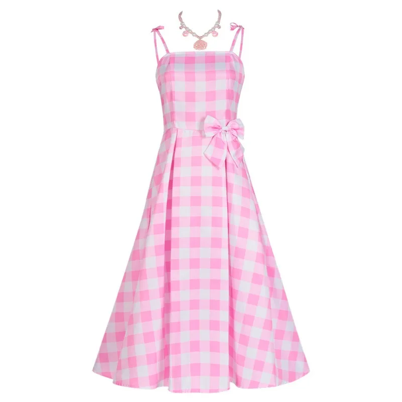 

HOUZHOU Pink Plaid Women's Sundress Summer Bow Patchwork Backless A-line Sleeveless Long Dress Party Cosplay Costume Halloween