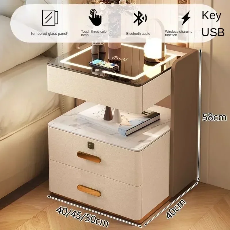 Mesita de noche inteligente, lujosa, de alta gama, multifuncional, con carga inalámbrica, almacenamiento simple y moderno, de madera maciza