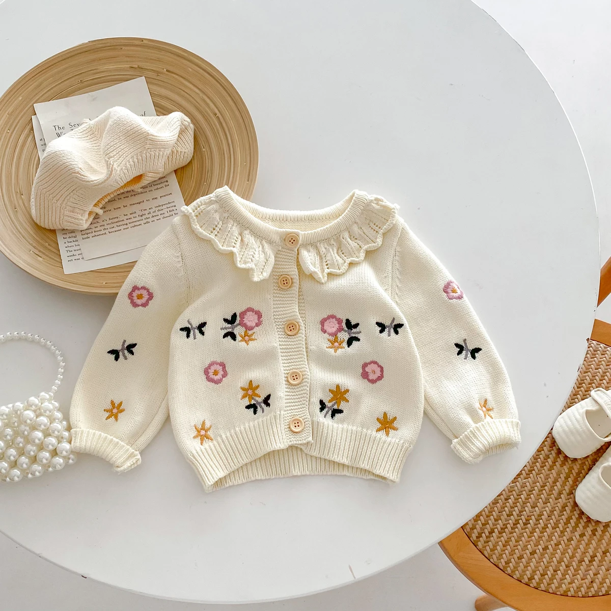 Baby Girls Sweater Korean Style Newborn Cardigans Baby Girls Knit Frilled Collar Floral Print Elegant Sweaters 0-3yrs