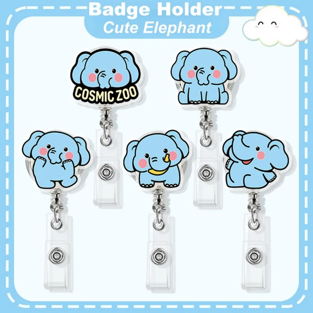 Cute Elephant Acrylic Badge Holder Cartoon Animal Retractable Badge Reel Nurse Doctor Office Use Clip ID Card Holder Badge Reel
