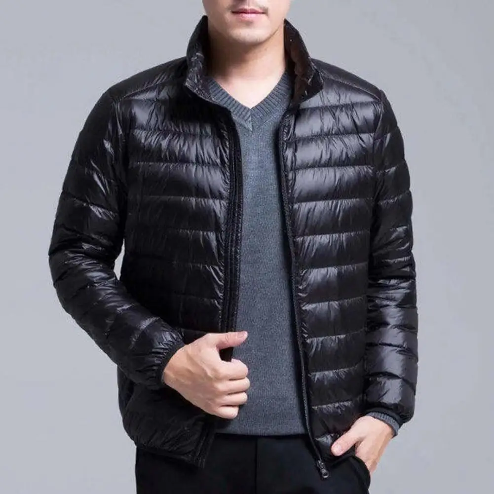 Men Winter Jacket Men's Lightweight Padded Jacket with Stand Collar Zipper Placket Autumn Winter Solid Color Outwear for Long