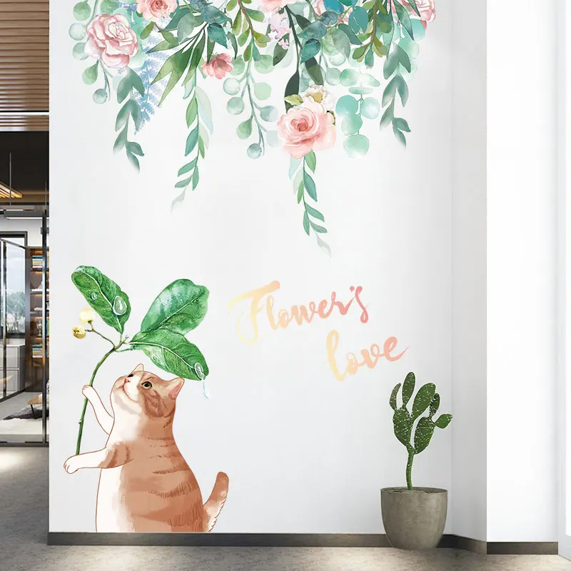 

[shijuekongjian] Cat Animals Wall Stickers DIY Flowers Leaves Mural Decals for Kids Rooms Baby Bedroom Nursery Home Decoration