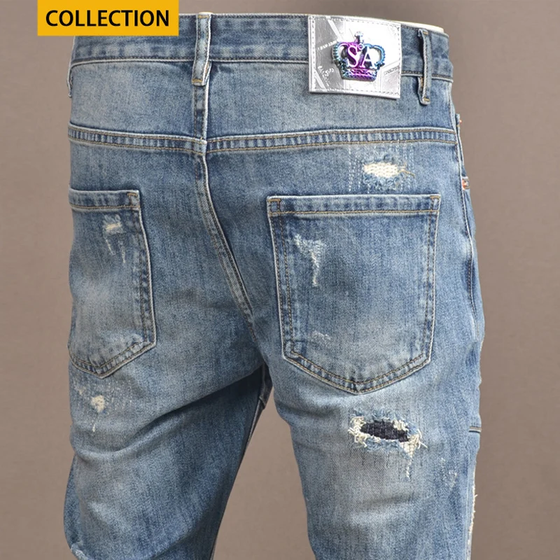 Streetwear Fashion Men Jeans Retro Blue Elastic Slim Fit Ripped Biker Jeans Homme Spliced Designer Patch Hip Hop Denim Pants Men