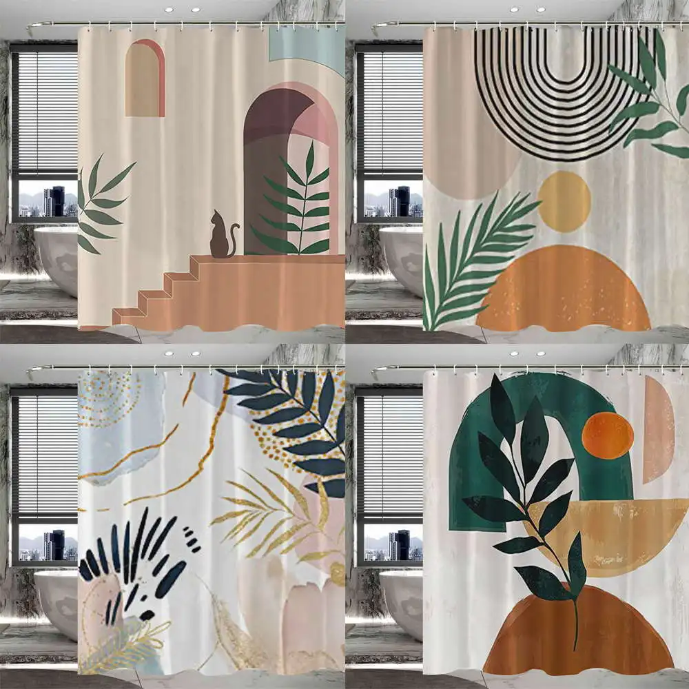 

Boho Mid Century Shower Curtain Abstract Beige Arch Sun Geometric Golden Leaves Cat Shower Curtain for Minimalistic Bathroom