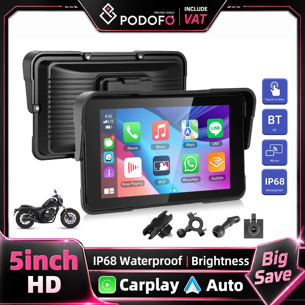Reproductor Inteligente Portátil para Motocicleta Podofo con Pantalla HD de 5 Pulgadas, Android Auto Inalámbrico, Carplay, IP68 Resistente al Agua, Ajuste de Brillo, Detección de Presión de Neumáticos, Tipo-C, Chips de Alto Rendimiento, Monitor para Auto 1