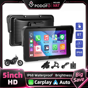 Reproductor Inteligente Portátil para Motocicleta Podofo con Pantalla HD de 5 Pulgadas, Android Auto Inalámbrico, Carplay, IP68 Resistente al Agua, Ajuste de Brillo, Detección de Presión de Neumáticos, Tipo-C, Chips de Alto Rendimiento, Monitor para Auto 1