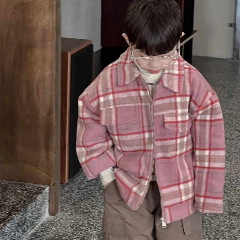 

2023 Winter Boys Quilted plaid woolen Coat Kids turn-down collar thicken warm jackets
