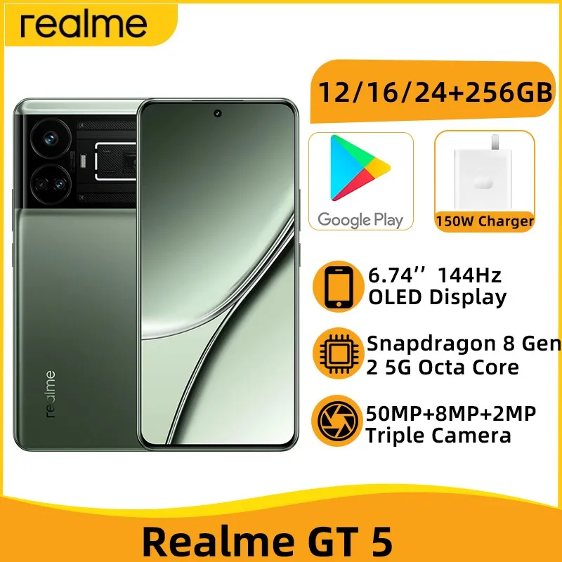 

realme GT 5 NFC Snapdragon 8 Gen 2 Octa Core 6.74'' 144Hz OLED Display 12GB 256GB 50MP Triple Camera GPS 150W Charger