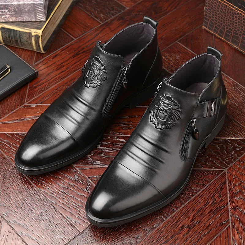 Men Dress Boots Men Black Dress Boots Fashion Motorcycle Boots PU Printing Double Side Zipper Man Western Knight Short Outdoor Dress Shoes