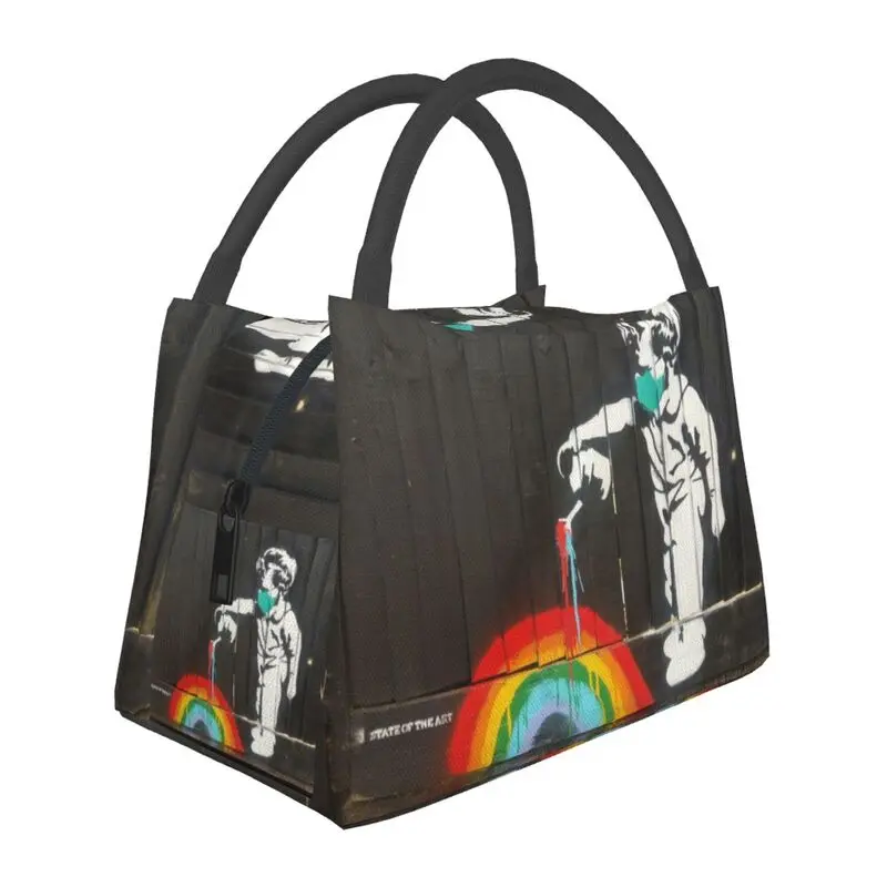 

Banksy Rainbow Thermal Insulated Lunch Bags Women Street Art Graffiti Portable Lunch Container for Outdoor Picnic Meal Food Box