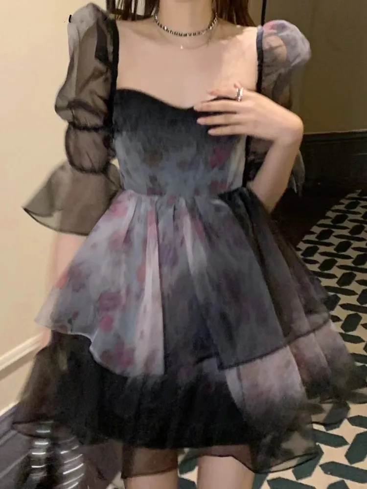 

Sweet Lace Floral Fairy Dress For Women Fluffy Puff Sleeve Kawaii Japanese Dresses Summer Cute Party Vestidos