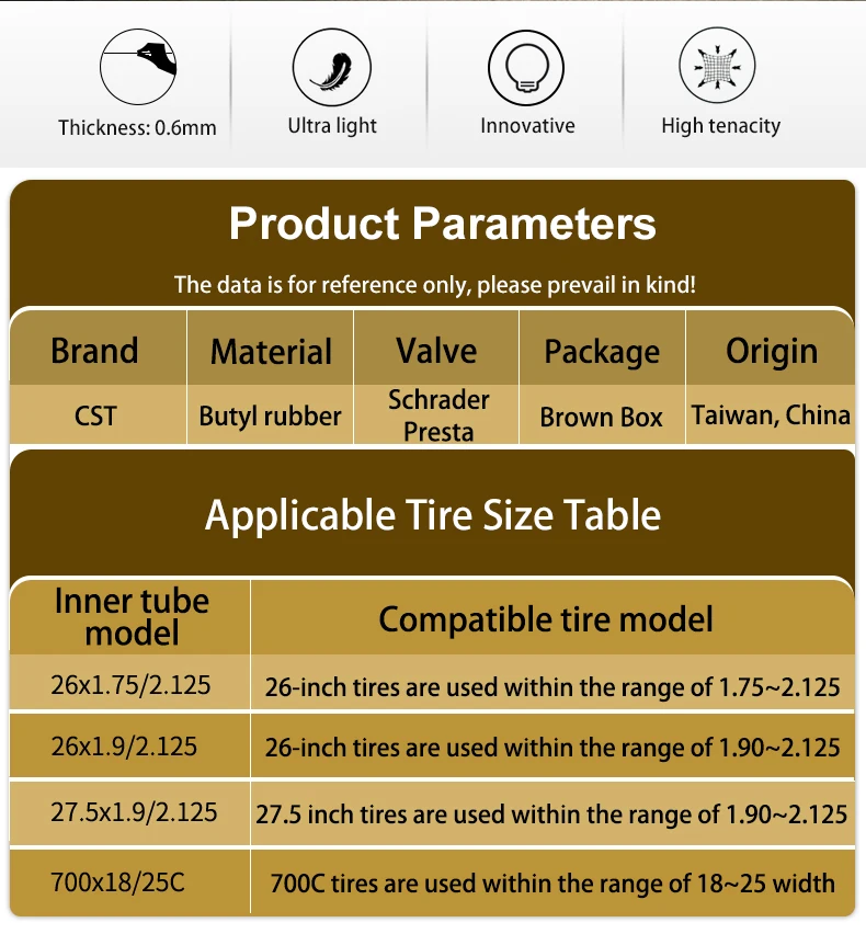 Description Picture 3 of item2PCS CST Bike Ultra-Light Inner Tube 26/27.5/29/700c For MTB Road Bike Tyre Butyl Rubber Competition Grade Bicycle Interior Tire