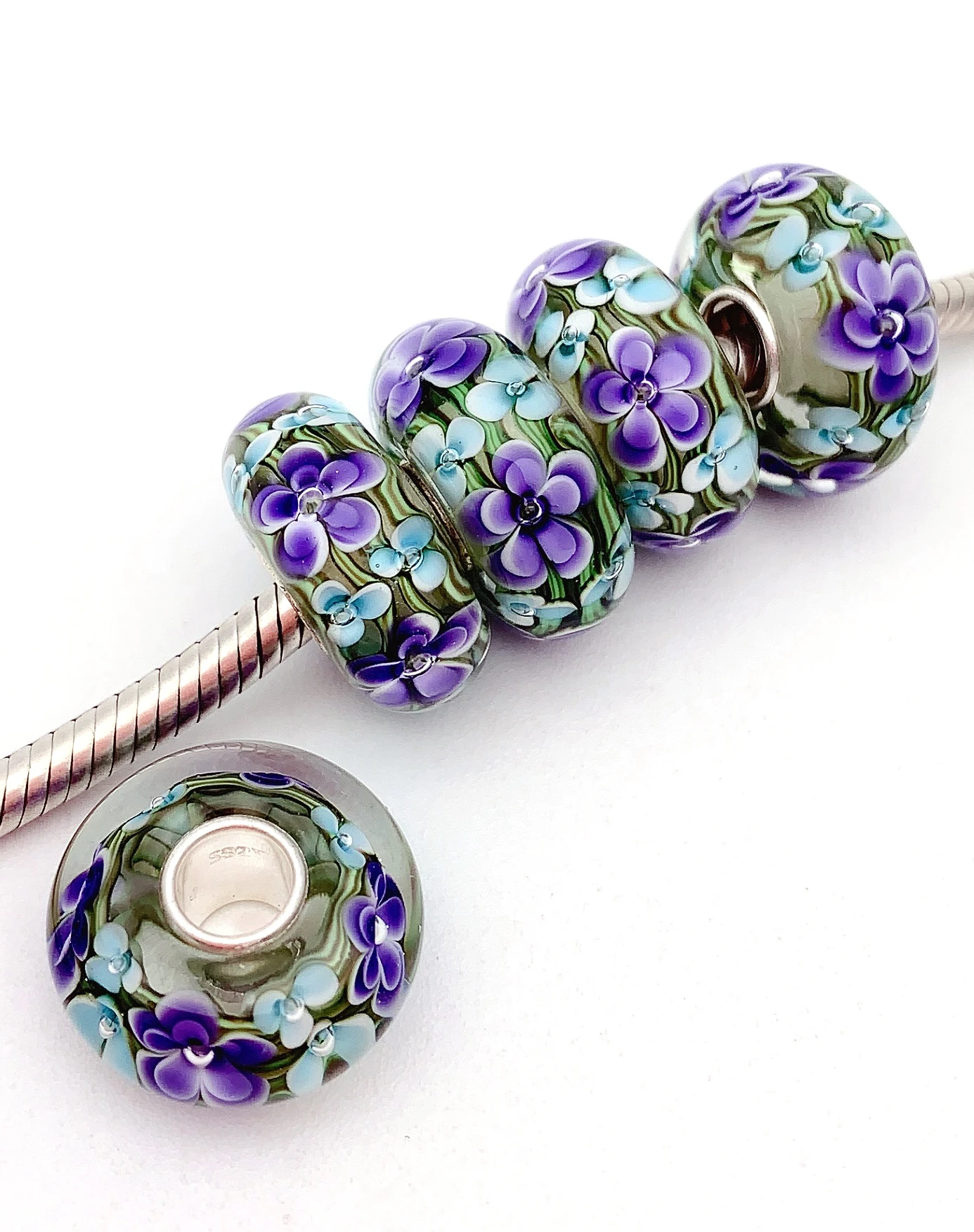 

JGWG61 5X 100% S925 Sterling Silver Beads Murano GlassBeads Fit European Charms Bracelet DIY Jewelry LampWork Handmade