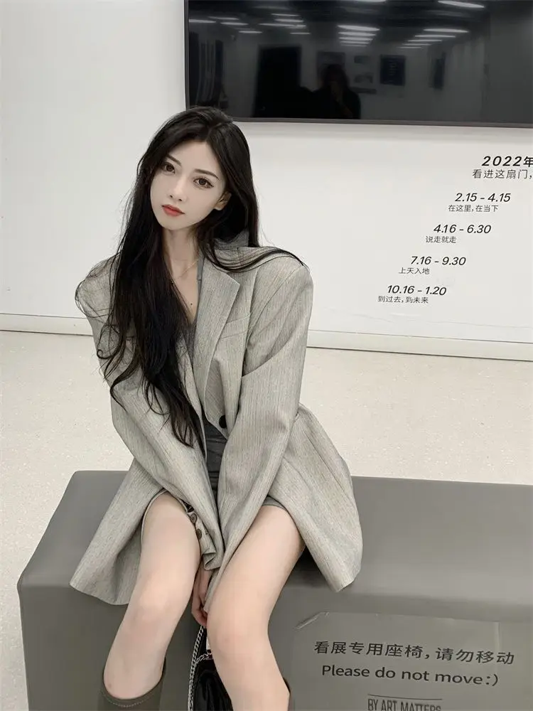 

Крутой шикарный Серый Блейзер UNXX для женщин-новая весенне-осенняя свободная винтажная куртка в Корейском стиле, женское офисное пальто высокого качества для женщин