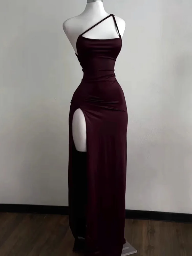 New Women's Solid Color Lace-Up Sleeveless Off-Shoulder Slim Dress Summer Y2K Sexy Suspender Dress Solid Color Long Dress